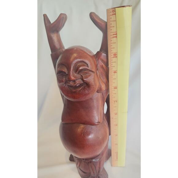 Vintage Hand Carved Wooden Laughing Buddha Hotei Statue Taiwan ROC Label - Picture 8 of 9